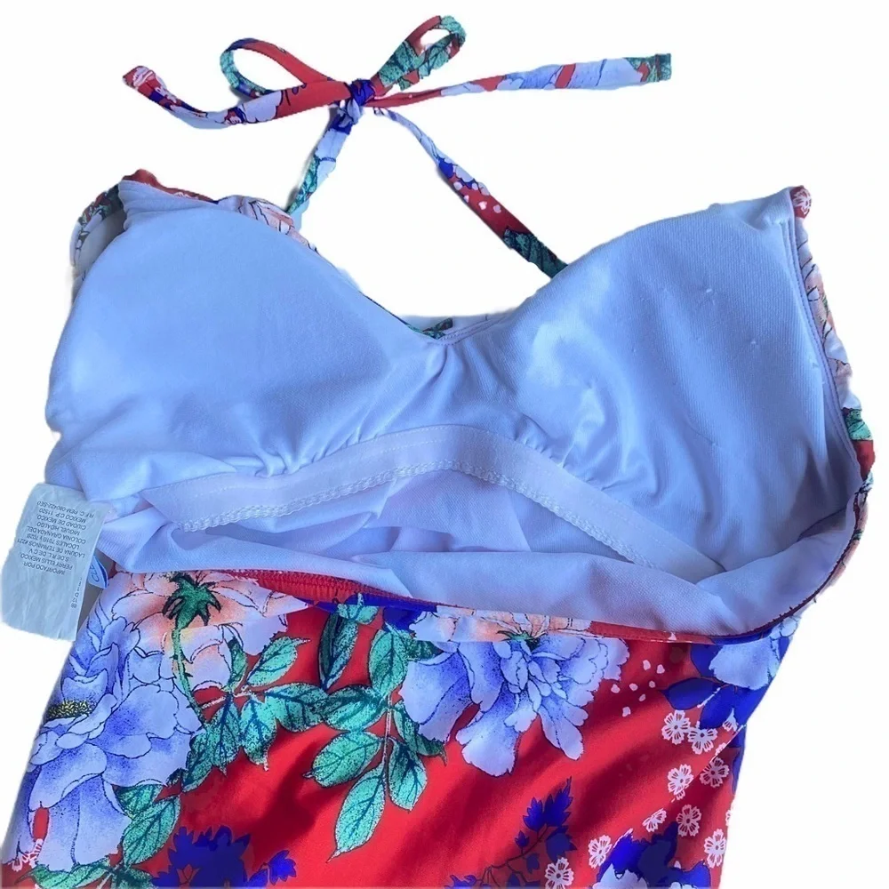 Cleanwater red multicolor floral print one piece halter ruffle bathing suit